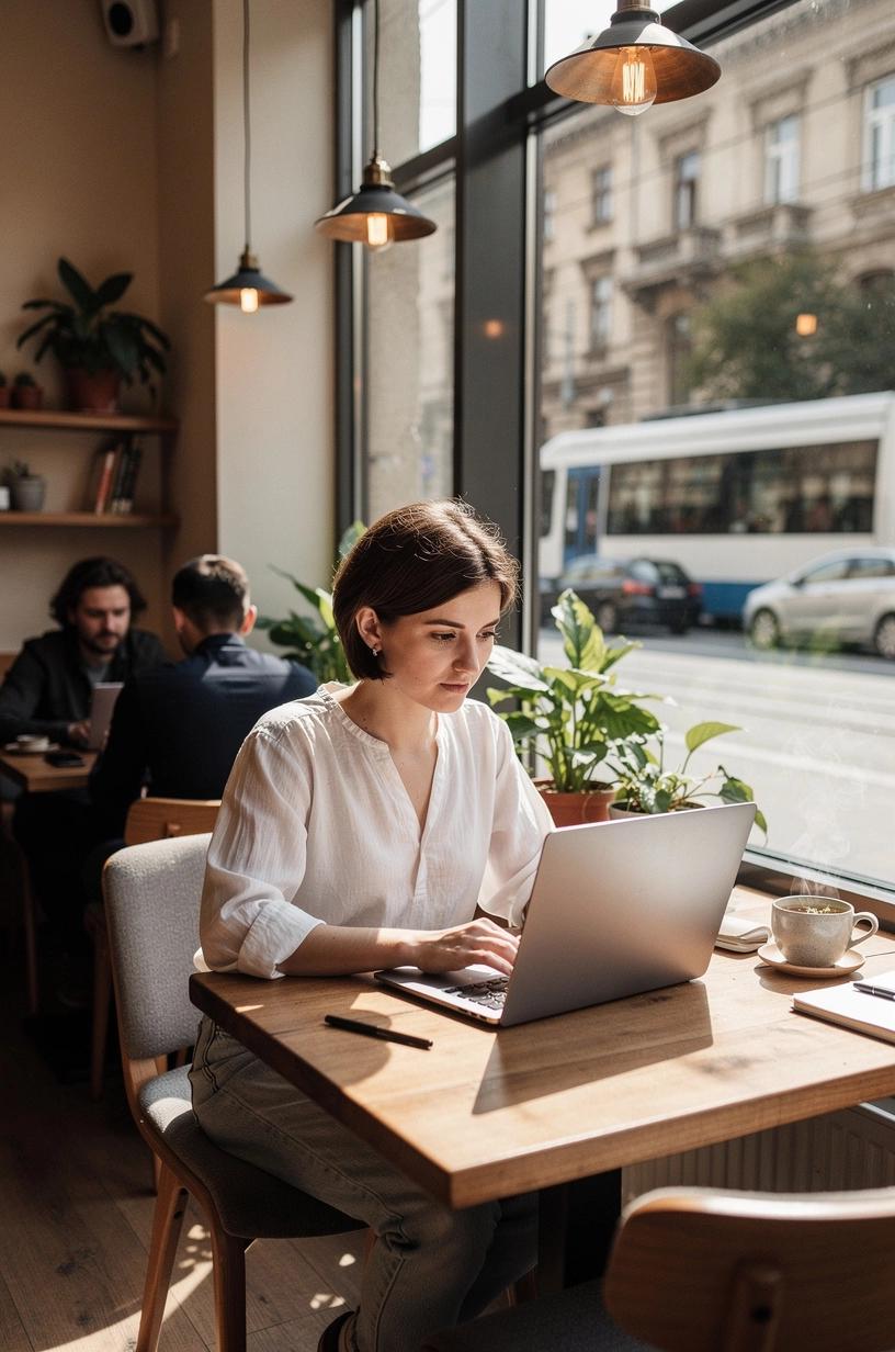 Imaginea unui birou ordonat cu un laptop deschis, evidențiind o interfață simplificată pentru maximizarea productivității digitale.